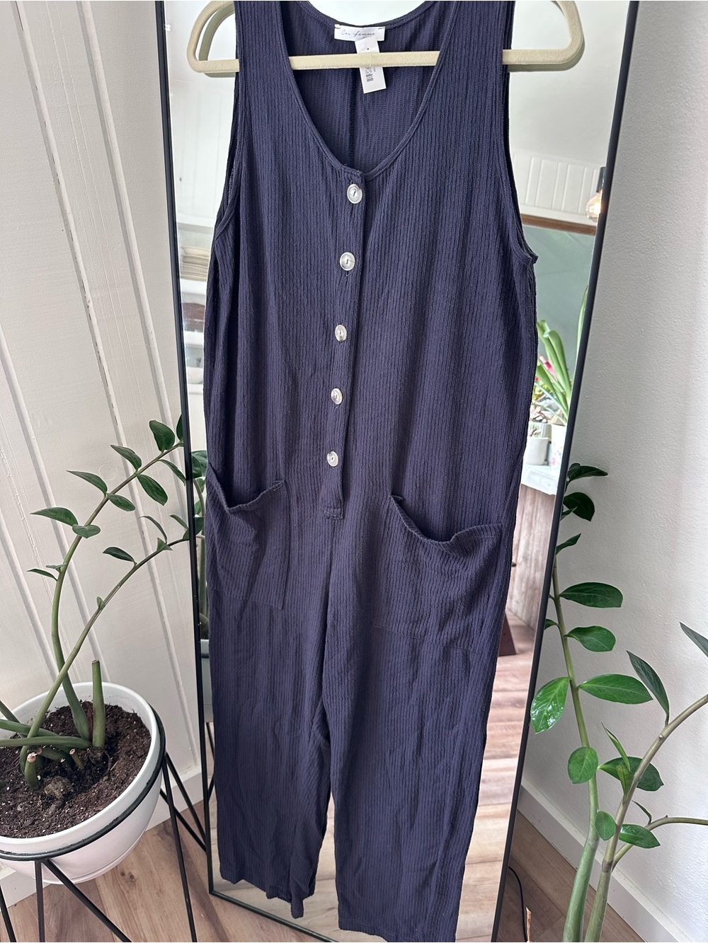 Ces Femme Navy Sleeveless Button-Front Ribbed Jumpsuit